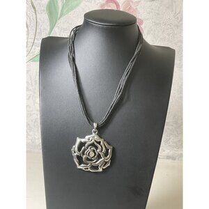Silver Rose Pendant Necklace On Black Cord With Adjustable Clasp